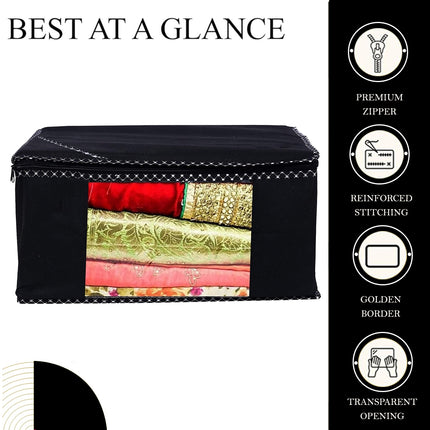Black Saree Storage Cover with Decorative Border, Zip & Transparent Window