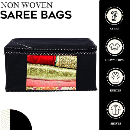 Black Saree Storage Cover with Decorative Border, Zip & Transparent Window