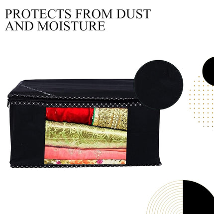 Black Saree Storage Cover with Decorative Border, Zip & Transparent Window