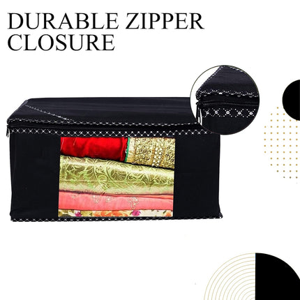 Black Saree Storage Cover with Decorative Border, Zip & Transparent Window