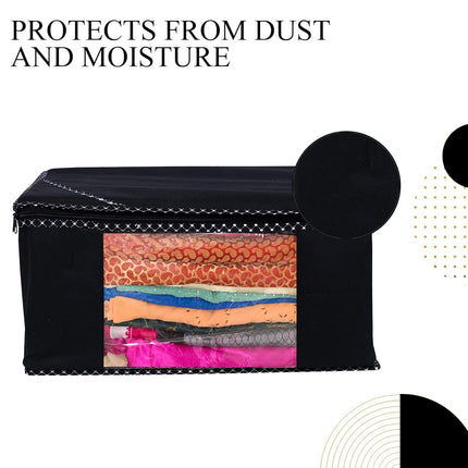 Black Saree Storage Cover with Decorative Border, Zip & Transparent Window