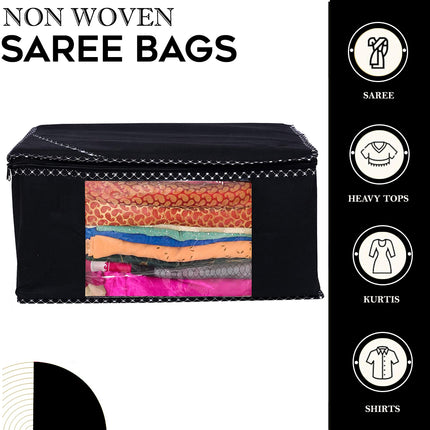 Black Saree Storage Cover with Decorative Border, Zip & Transparent Window