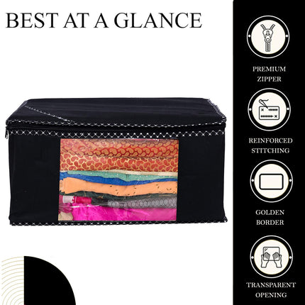 Black Saree Storage Cover with Decorative Border, Zip & Transparent Window