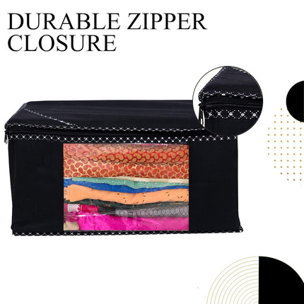 Black Saree Storage Cover with Decorative Border, Zip & Transparent Window