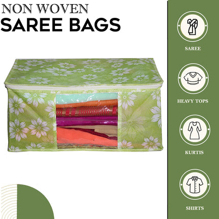 Green Floral Printed Clothes Storage Organizer Box with Transparent Window and Zip Closure