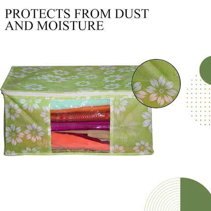 Green Floral Printed Clothes Storage Organizer Box with Transparent Window and Zip Closure
