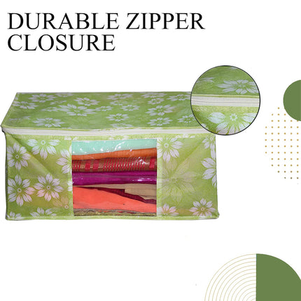 Green Floral Printed Clothes Storage Organizer Box with Transparent Window and Zip Closure