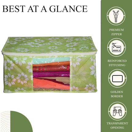 Green Floral Printed Clothes Storage Organizer Box with Transparent Window and Zip Closure