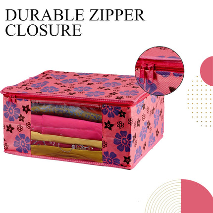 Pink Floral Printed Clothes Storage Organizer Box with Transparent Window and Zip Closure
