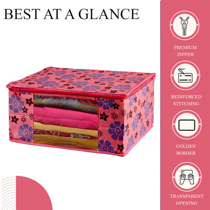 Pink Floral Printed Clothes Storage Organizer Box with Transparent Window and Zip Closure