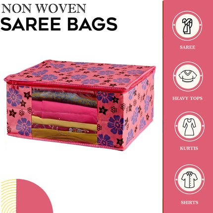Pink Floral Printed Clothes Storage Organizer Box with Transparent Window and Zip Closure