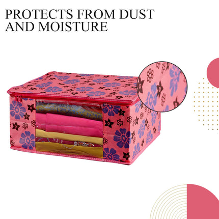 Pink Floral Printed Clothes Storage Organizer Box with Transparent Window and Zip Closure