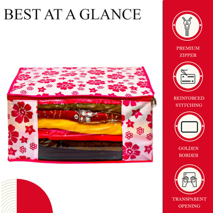 Pink & White Floral Printed Clothes Storage Organizer Box with Transparent Window and Zip Closure