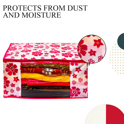 Pink & White Floral Printed Clothes Storage Organizer Box with Transparent Window and Zip Closure