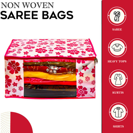 Pink & White Floral Printed Clothes Storage Organizer Box with Transparent Window and Zip Closure