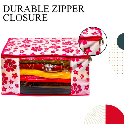 Pink & White Floral Printed Clothes Storage Organizer Box with Transparent Window and Zip Closure