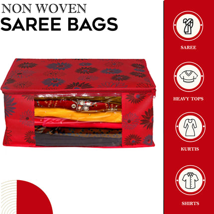 Red Floral Printed Clothes Storage Organizer Box with Transparent Window and Zip Closure