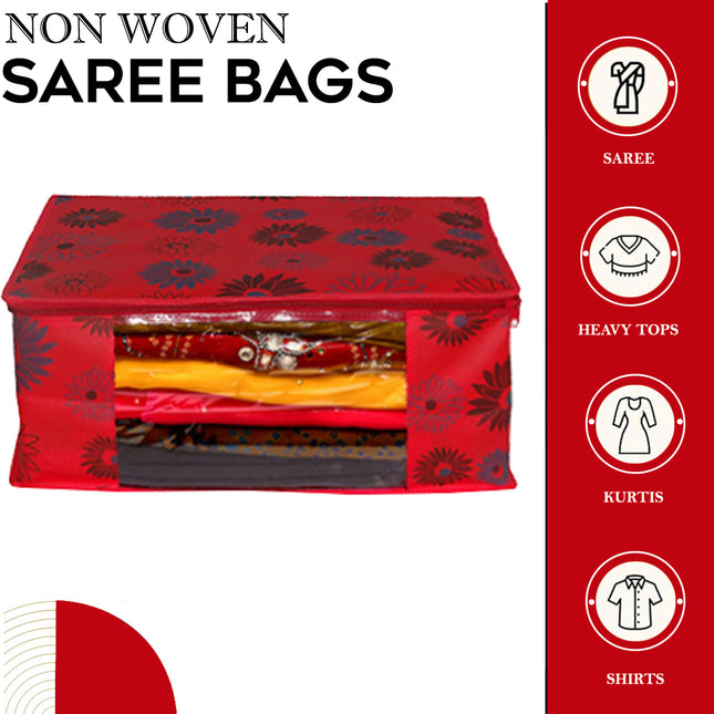 Red Floral Printed Clothes Storage Organizer Box with Transparent Window and Zip Closure
