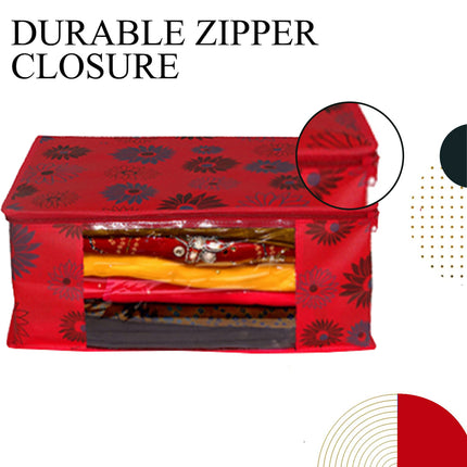 Red Floral Printed Clothes Storage Organizer Box with Transparent Window and Zip Closure