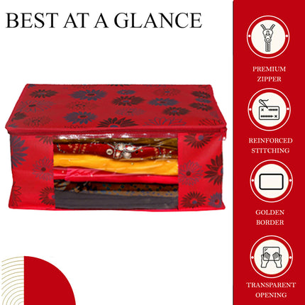 Red Floral Printed Clothes Storage Organizer Box with Transparent Window and Zip Closure