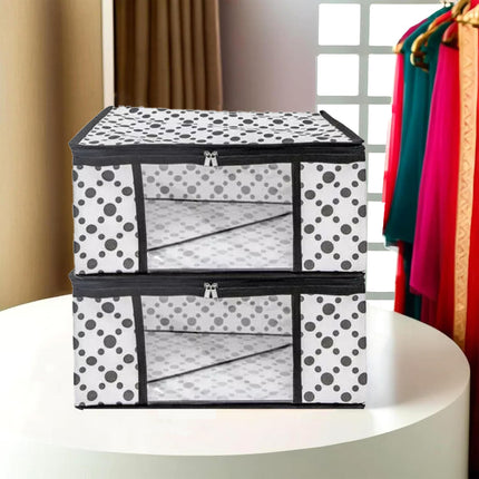 White & Black Polka Dot Printed Clothes Storage Organizer Box with Transparent Window and Zip Closure