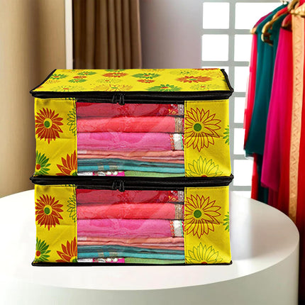 Yellow Floral Printed Clothes Storage Organizer Box with Transparent Window and Zip Closure