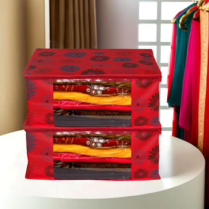 Red Floral Printed Clothes Storage Organizer Box with Transparent Window and Zip Closure