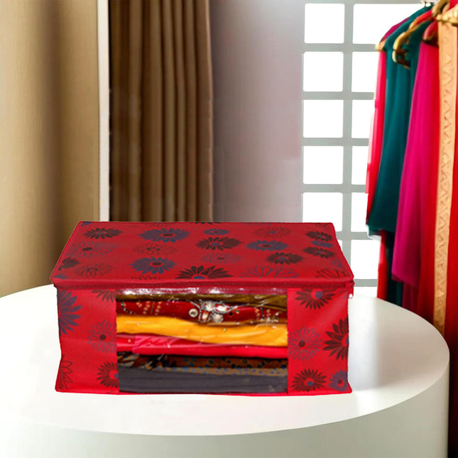 Red Floral Printed Clothes Storage Organizer Box with Transparent Window and Zip Closure