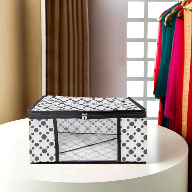 White & Black Polka Dot Printed Clothes Storage Organizer Box with Transparent Window and Zip Closure