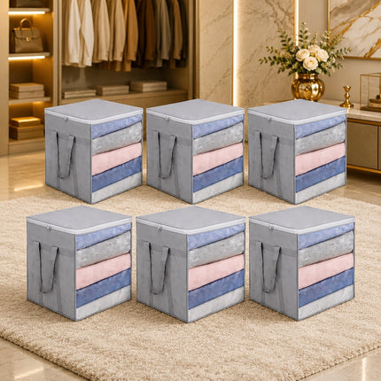 Premium Foldable Blanket Storage Bag with Transparent Window & Reinforced Handles | Large Clothes Organizer with Zipper for Wardrobe, Quilts, Comforters & Bedding (Grey)
