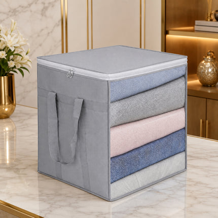 Premium Foldable Blanket Storage Bag with Transparent Window & Reinforced Handles | Large Clothes Organizer with Zipper for Wardrobe, Quilts, Comforters & Bedding (Grey)