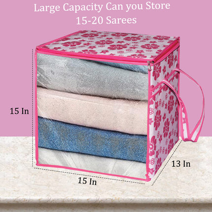Ankit International Pink Floral Blanket Storage Bag | Foldable Wardrobe Organizer with Transparent Window | Large Clothes, Quilt & Comforter Storage Box