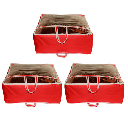 Ankit International Red Blanket Storage Cover – Large Foldable Quilt & Comforter Storage Organizer Bag with Transparent Window, Dustproof Wardrobe Organizer