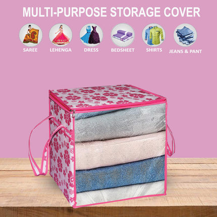 Ankit International Pink Floral Blanket Storage Bag | Foldable Wardrobe Organizer with Transparent Window | Large Clothes, Quilt & Comforter Storage Box