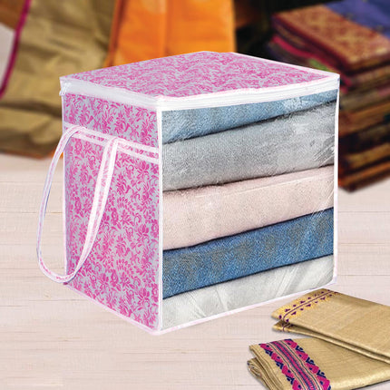 Ankit International Pink Blanket Storage Bag with Transparent Window | Foldable Clothes Organizer with Zip | Multi-Purpose Wardrobe Storage Box