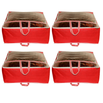 Ankit International Red Blanket Storage Cover – Large Foldable Quilt & Comforter Storage Organizer Bag with Transparent Window, Dustproof Wardrobe Organizer