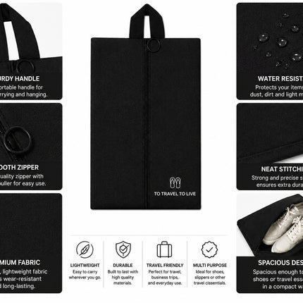 Ankit International Non-Woven Shoe Cover Bag with Handle & Zipper | Travel Shoe Organizer | Dustproof Footwear Storage Bag | Reusable Shoe Storage Pouch for Men & Women Black