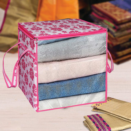 Ankit International Pink Floral Blanket Storage Bag | Foldable Wardrobe Organizer with Transparent Window | Large Clothes, Quilt & Comforter Storage Box