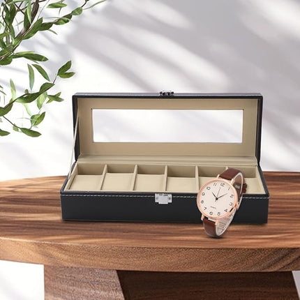 Watch Box Holder Organizer Case In 6 Slots of watches In PU Leather Watch Case Box For Men & Women with Royal Black color