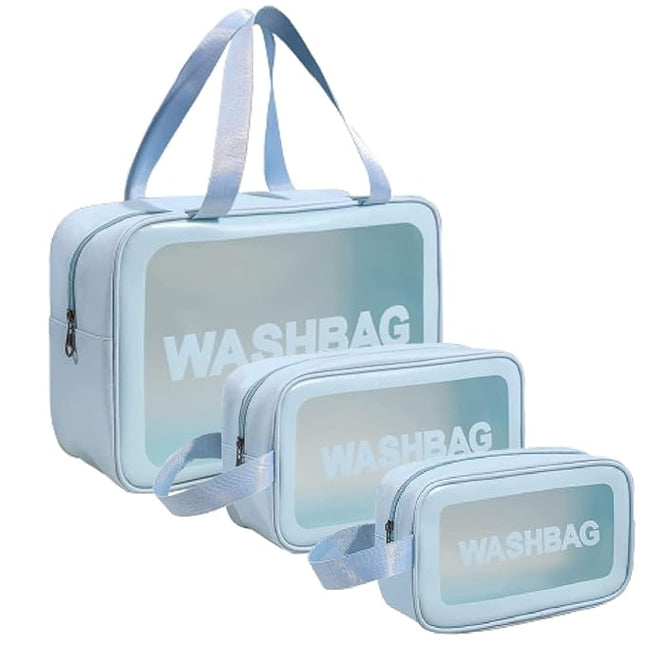 3-Piece Wash Bag Set for Travel (Blue) – Transparent