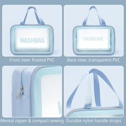 3-Piece Wash Bag Set for Travel (Blue) – Transparent