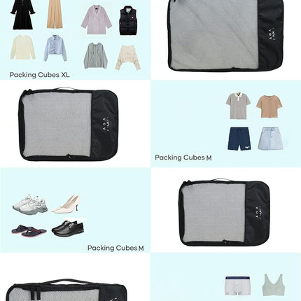 Travel Packing Cubes Set (Black) – Small, Medium, Large & Slim