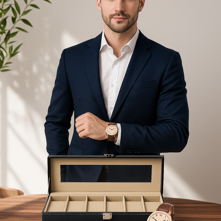 Watch Box Holder Organizer Case In 6 Slots of watches In PU Leather Watch Case Box For Men & Women with Royal Black color