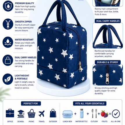 Ankit International Navy Star Print Insulated Lunch Bag – Leakproof Thermal Tote for Work, School & Travel
