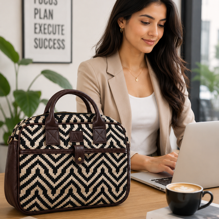 Ankit International Chevron Canvas Laptop Bag for Women & Men | Premium Handbag with PU Leather Handles | Office, Travel & Everyday Use