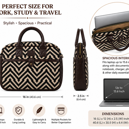 Ankit International Chevron Canvas Laptop Bag for Women & Men | Premium Handbag with PU Leather Handles | Office, Travel & Everyday Use