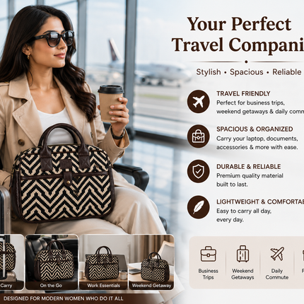 Ankit International Chevron Canvas Laptop Bag for Women & Men | Premium Handbag with PU Leather Handles | Office, Travel & Everyday Use