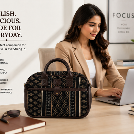 Ankit International Ethnic Print Canvas Laptop Bag for Women & Men | Premium Office Handbag with PU Leather Handles | Travel & Work Bag