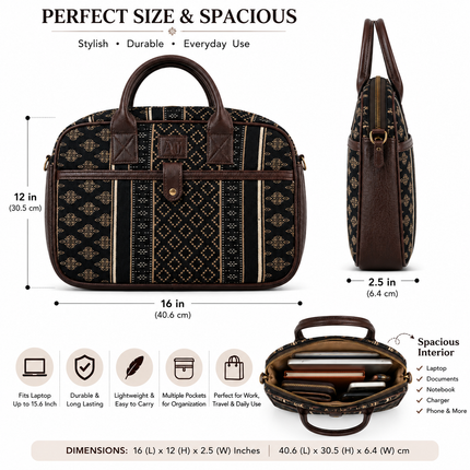 Ankit International Ethnic Print Canvas Laptop Bag for Women & Men | Premium Office Handbag with PU Leather Handles | Travel & Work Bag