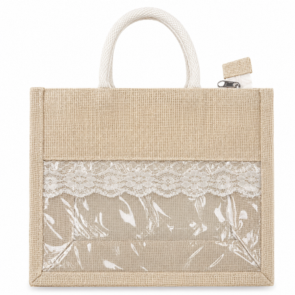 Ankit International Jute Tote Bag with Transparent Lace Pocket | Reusable Eco-Friendly Shopping & Lunch Bag for Women | Zip Closure